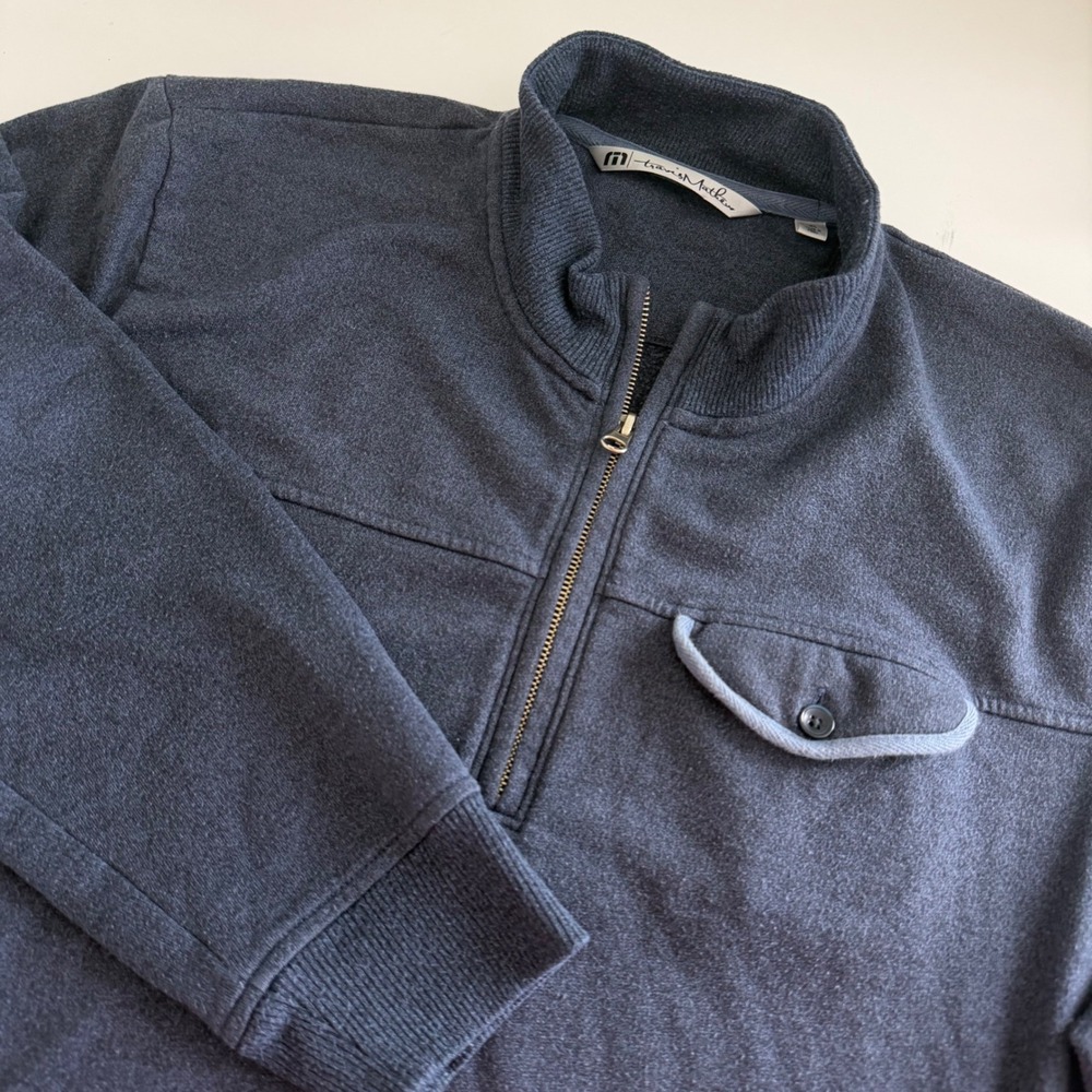 Travis Mathew Mens XL Quarter Zip Pullover Navy Blue Heather Fleece Sweatshirt